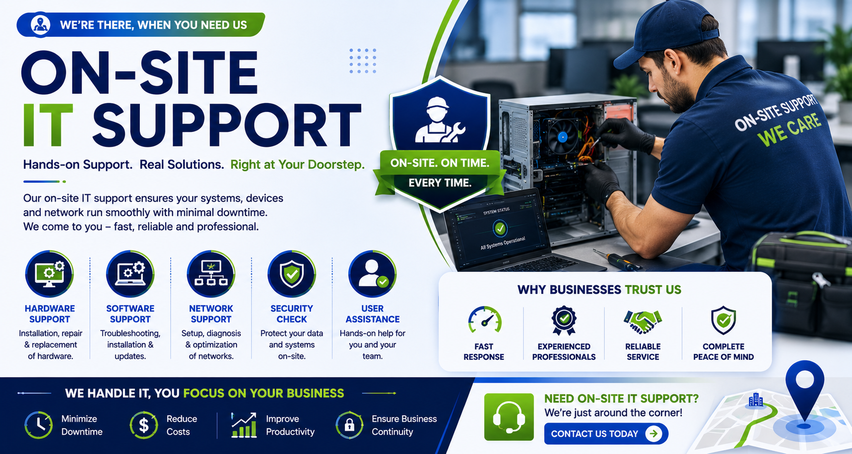 On-site IT support services for hardware software network and user assistance