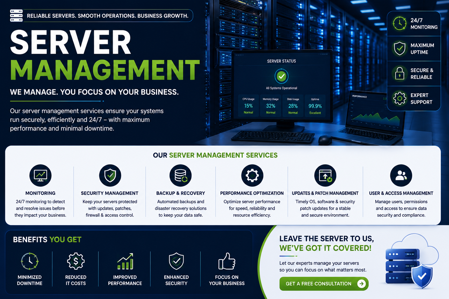 Server management services with monitoring security backup and performance optimization