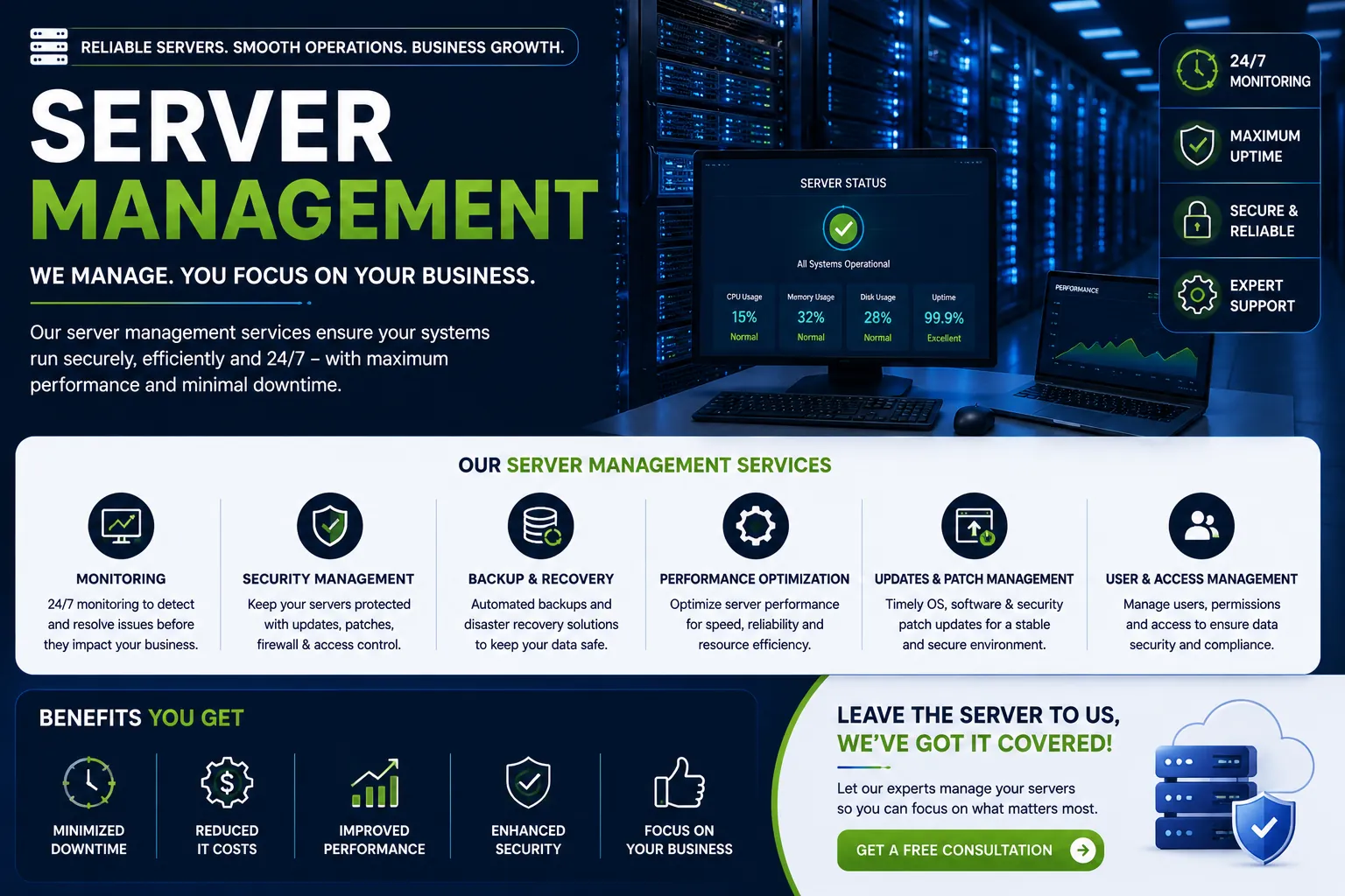 Server management services with monitoring security backup and performance optimization